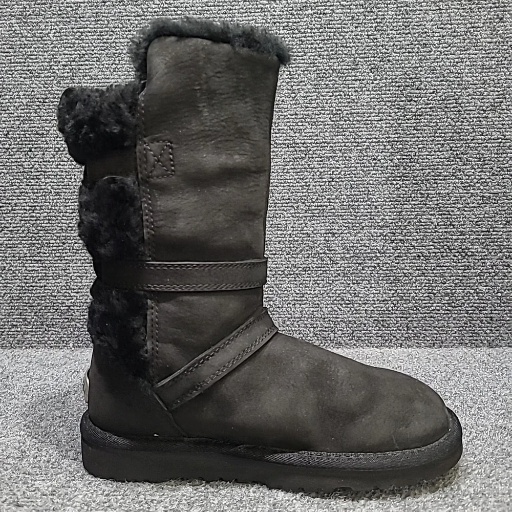 UGG Australia Becket Black Leather Sheepskin Boots Moto Buckle Kid's Size 1